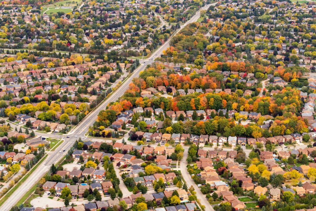 Aerial view of a residential neighbourhood in autumn