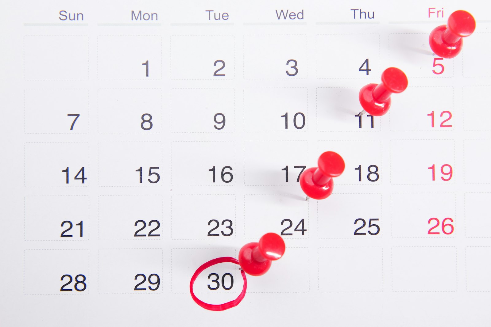 Calendar with red pins and a circled date